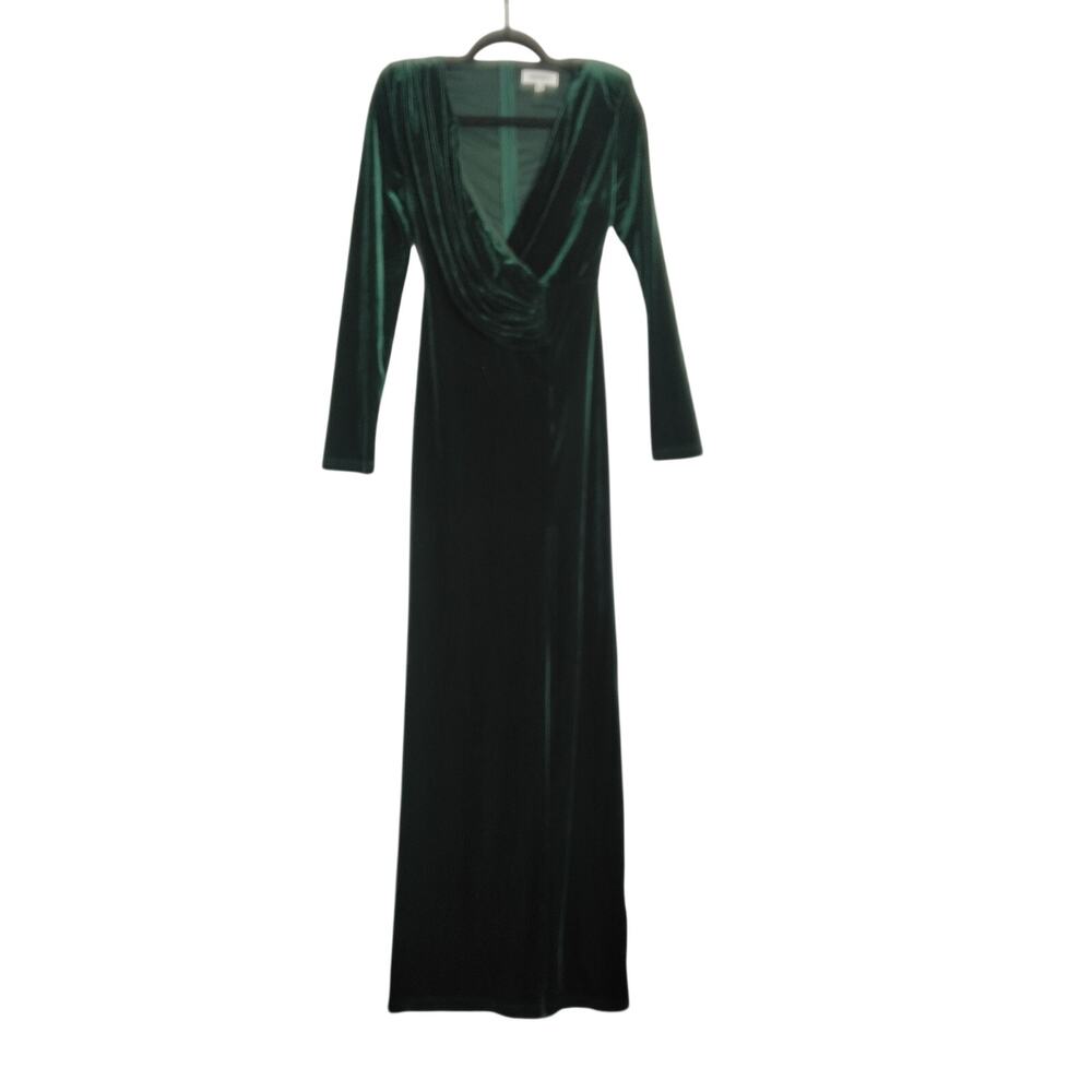 Velvet Emerald Green Maxi Gown Sz S Plunging Neckline Thigh High Slit Sexy Vampy